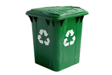 Green recycling bin with recycling symbol for waste management and environmental conservation efforts on transparent background