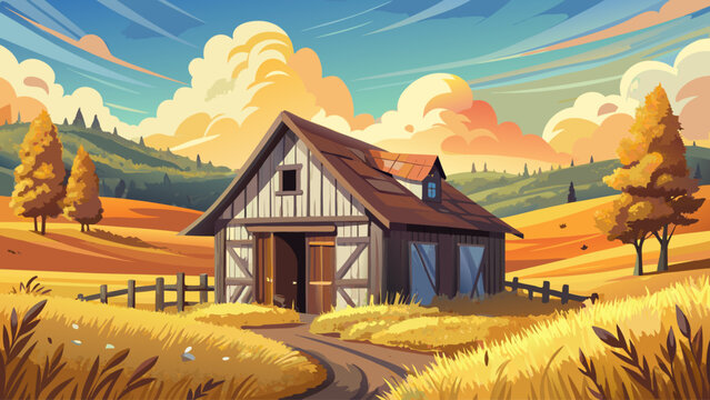 vector of an old rustic stable, warm afternoon sun, golden field, nostalgic countryside scenery