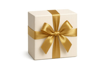 Obraz premium Gift box wrapped with golden metallic ribbon and bow, symbolizing celebration and surprise, isolated on transparent background
