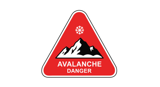 Avalanche warning sign with mountain graphic, red alert symbol for winter safety