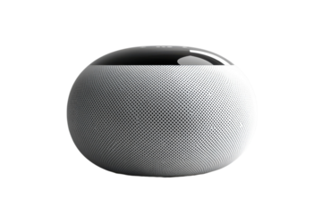Modern smart speaker with sleek design and perforated metal casing for home audio and voice assistance on transparent background