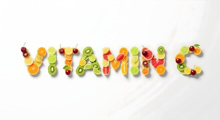 Fruits arranged to spell 'vitamin c'