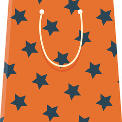 Orange Shopping Bag with Dark Blue Stars Pattern and White Handle Isolated on Transparent Background