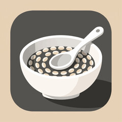 a couscous dish in a round bowl, with a spoon - A white bowl filled with round, brown seeds or beans and a spoon, set against a soft beige background — clean and minimalist.