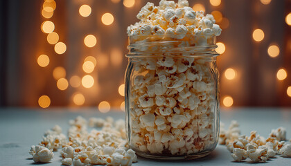 Popcorn in a jar as an concept of watching movies in cinema. Cinematographic background.	
