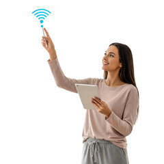Happy young woman touching a glowing Wi-Fi signal with a stylus and tablet. Smiling girl connecting to internet, smart home, Isolated on transparent background, png