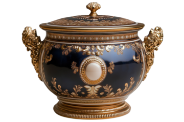 Elegant dark blue porcelain tureen with intricate gold detailing and ornate handles on a black backdrop on transparent background
