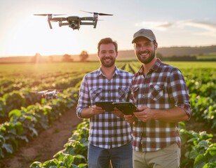 Agricultural engineers using drones and IoT sensors for precision farming