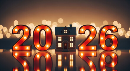 Real estate market forecast for 2026 with illuminated numbers and house