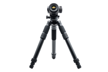 Black tripod with lens stands ready for photography on a seamless in a studio setting on transparent background