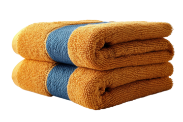 Stack of soft orange and blue striped towels perfect for bathroom decor or spa use displayed neatly folded on transparent background