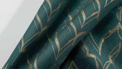 Luxurious teal fabric with golden leaf pattern backdrop and texture