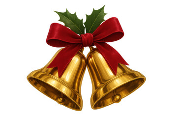 Golden jingle bells with red ribbon and holly leaves, representing christmas spirit and holiday traditions