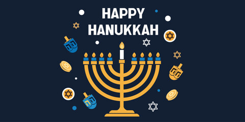 Happy Hanukkah Menorah with Dreidel and Star of David Design