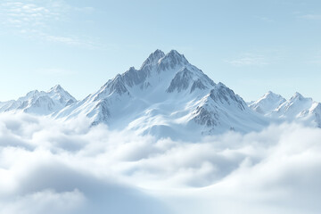 Naklejka premium Snowy mountain standing tall above the clouds under a clear sky. A symbol of achievement and serenity.