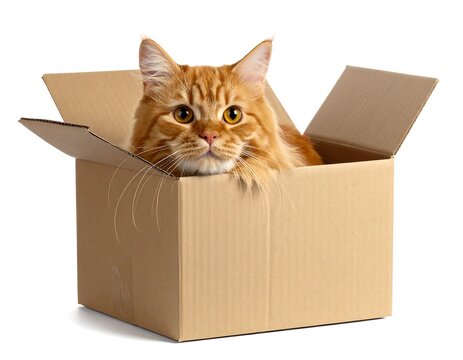 A fluffy orange feline gazing from inside a cardboard box, isolated against white