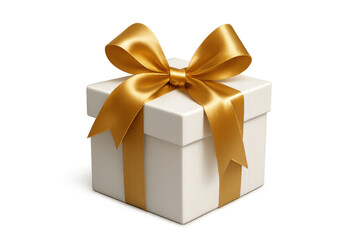 Obraz premium White gift box with shiny golden ribbon bow presenting luxury surprise for celebration, anniversary, birthday, and holiday