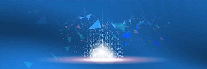 Futuristic blue digital background with binary code and abstract polygon network, glowing data flow concept representing technology, innovation, and artificial intelligence.