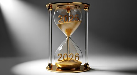 Elegant golden hourglass with sand flowing, prominently displaying the year 2026, symbolizing the passage of time and future.