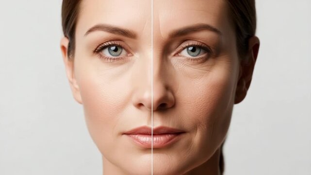 A woman's face split in half showing aging and youthful skin with a light gray background image