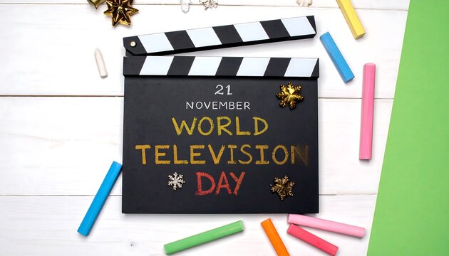World Television Day Clapperboard with Chalks and Festive Decorations on White Wood