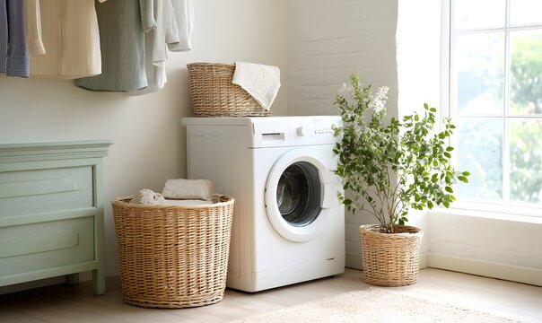 cozy bright laundry room with sunlight streaming through window, washing machine, wicker baskets, hanging clothes
