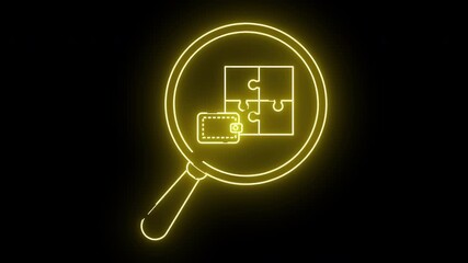 Glowing yellow neon outlines of a magnifying glass wallet puzzle pieces against a black background - Powered by Adobe