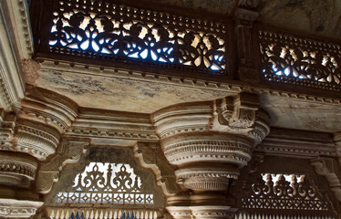 Decorative pillars inside Gwalior fort. Gwalior Qila, Madhya Pradesh, India.