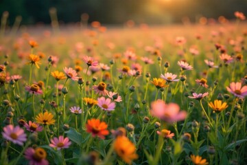 Fototapeta premium Delicate wildflowers blooming in a vibrant meadow under the gentle light of a spring sunrise, evoking peace and natural beauty. A vibrant meadow filled with a diverse array of wildflowers in full
