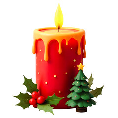 Festive Christmas Candle with Golden Dripping Wax and Christmas Tree (Transparent Background)