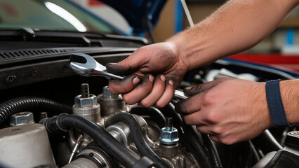 Obraz premium mechanic changing car engine