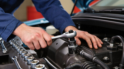auto mechanic changing car engine