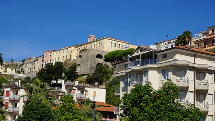 Colorful houses in old town of Ventimiglia in a beautiful summer day, Italy
