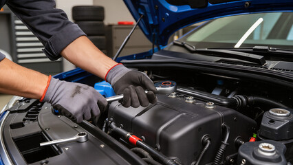 mechanic changing car engine