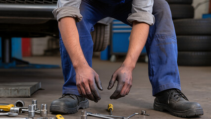 close up of feet of mechanic 
