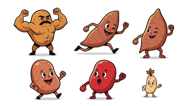 Explore this collection of funny cartoon characters depicting quirky and expressive potato personalities, perfect for a cheerful design