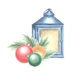 Cozy lantern with Christmas tree balls and spruce branches watercolor illustration. Vintage oil lamp for winter holiday greeting card design. Hand drawn isolated clipart for prints, wrapping, textile.
