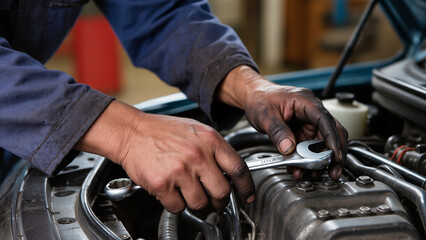 mechanic changing car engine