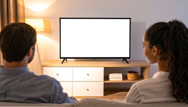 Cozy Evening: Couple Watching Blank Screen TV in Warm Living Room