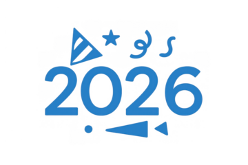 2026 number design with party elements, including a hat, star, and confetti, on a transparent background
