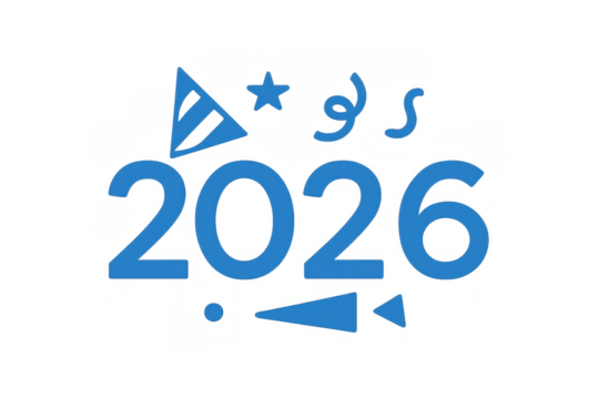 2026 number design with party elements, including a hat, star, and confetti, on a transparent background