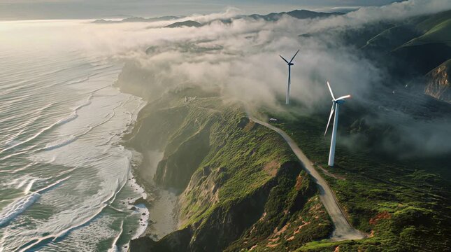 Wind turbines on green mountains surrounded by rolling fog, representing renewable energy and eco-friendly power