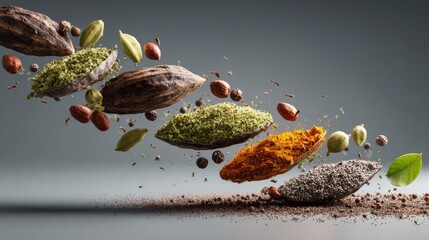 conceptual art of Indonesian spices levitating in mid-air as floating ingredients, surreal culinary magic, commercial gastronomy concept, 8k ultra detail 