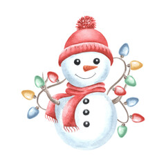 Snowman with Christmas light lamp garland watercolor illustration. Cute kids cheerful character for winter holiday postcard designs. Hand drawn isolated clipart for New Year print, wrapping, textile.
