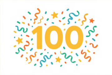 Gold number 100 surrounded by colorful confetti and stars celebrating a milestone anniversary or achievement