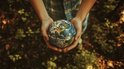 Hands holding globe on green nature background in saving environment concept. Green planet.