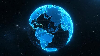 Vertical video of a glowing blue digital Earth hologram rotating in space. Futuristic 3D animation of the planet showing a world map. Global network and technology concept - Powered by Adobe