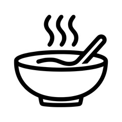 A simple line icon of a steaming bowl of soup or noodles with a spoon, symbolizing warmth and comfort.