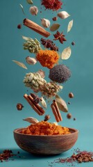 conceptual art of Indonesian spices levitating in mid-air as floating ingredients, surreal culinary magic, commercial gastronomy concept, 8k ultra detail 