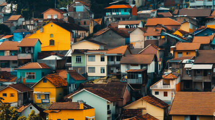 colorful favelas in Rio de Janeiro, with tightly packed houses creating a vibrant mosaic of colors and patterns across the hillside